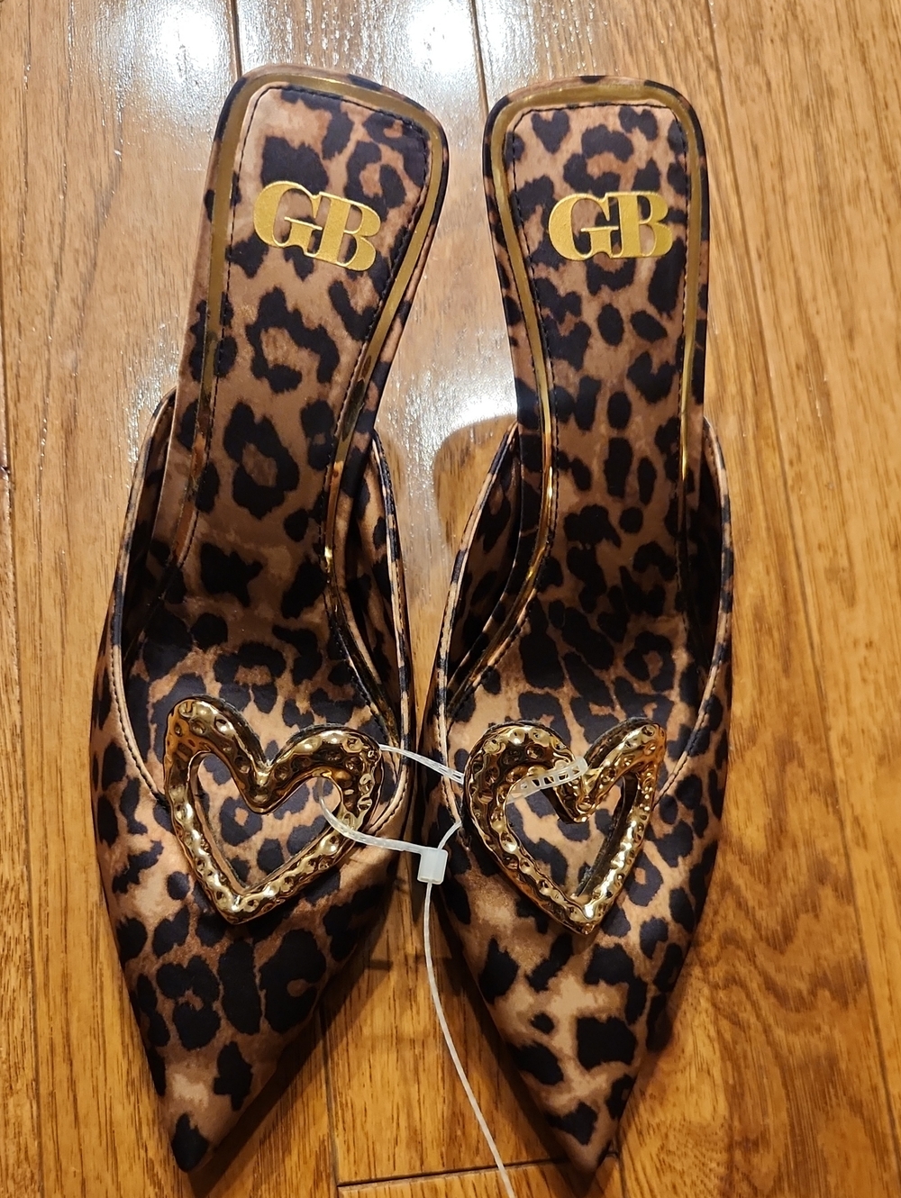 Gianni Bini Leopard-Print Pointed Toe Mules with Gold Heart Accent Size 8